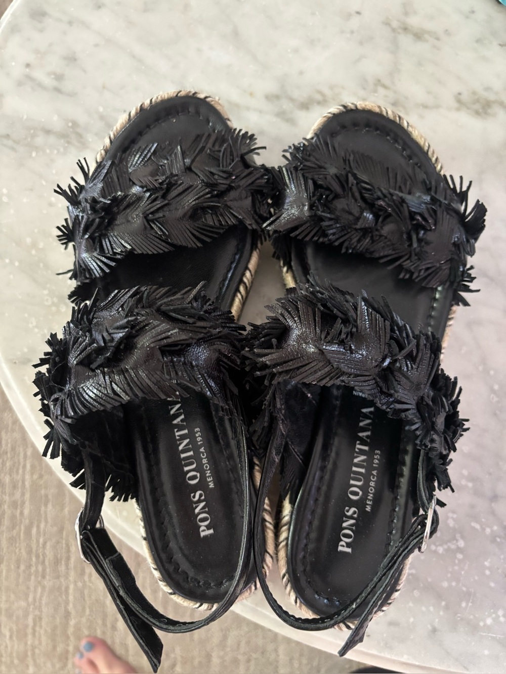 Pons Quintana Black Fringed Espadrille Sandals
